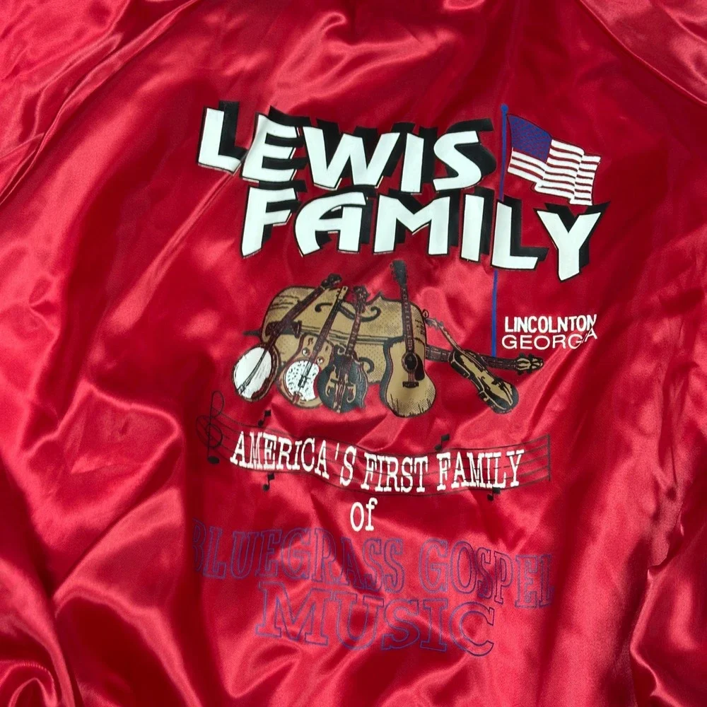 Vintage 80s Satin Bomber Jacket Red XXL Bridgeport Lewis Family Bluegrass Gospel